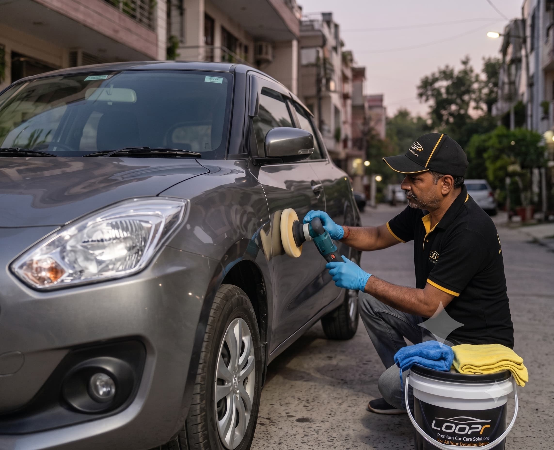 Loopr specialist machine-polishing a hatchback