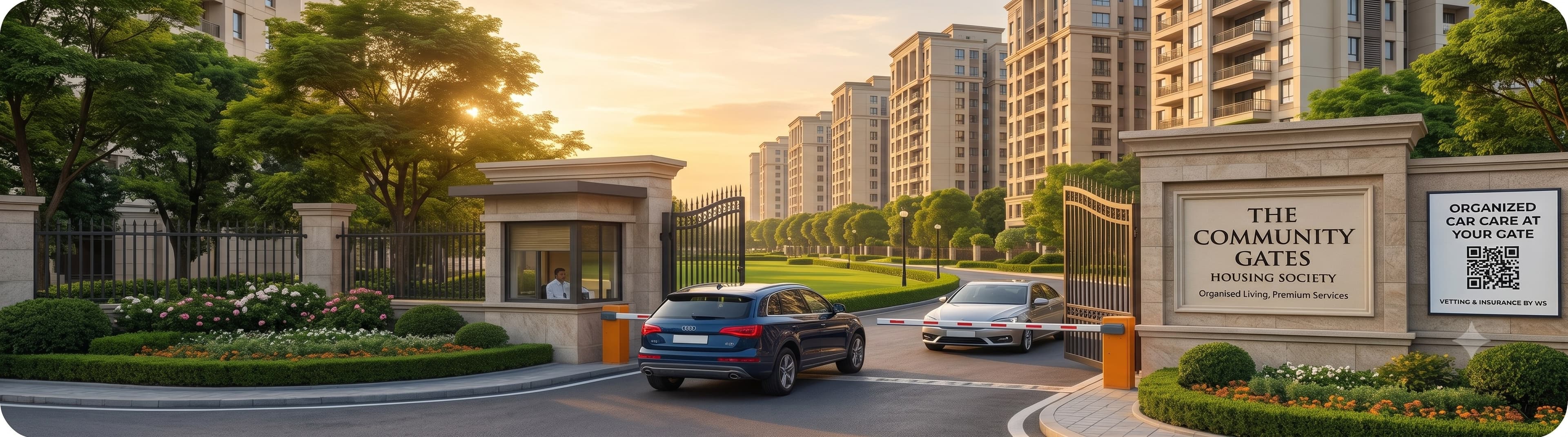 Gated society entrance with organized car care signage
